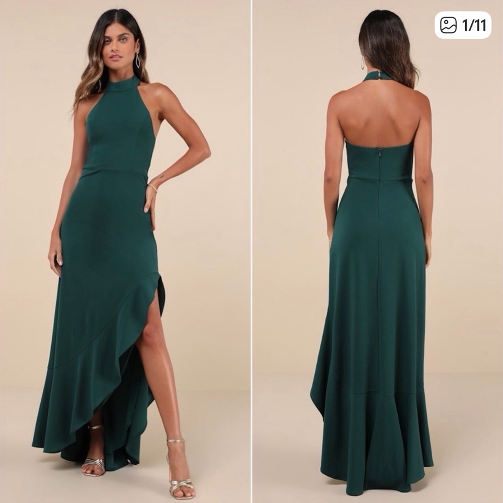 Lulus Majestic Perfection Ruffled Halter Maxi Dress Small Emerald Green